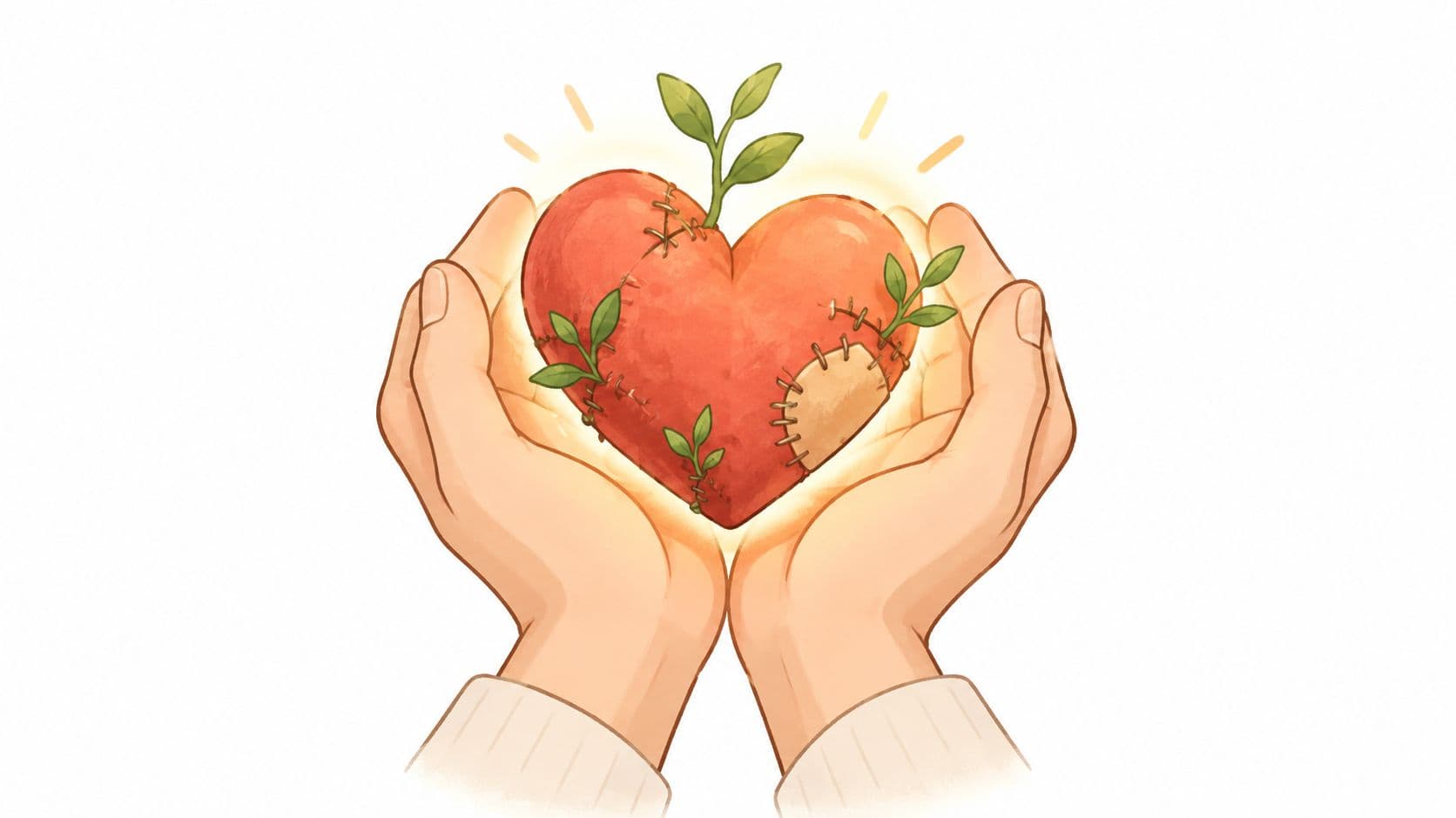 Two hands gently cupping a stitched heart with small green sprouts growing from the repaired areas.