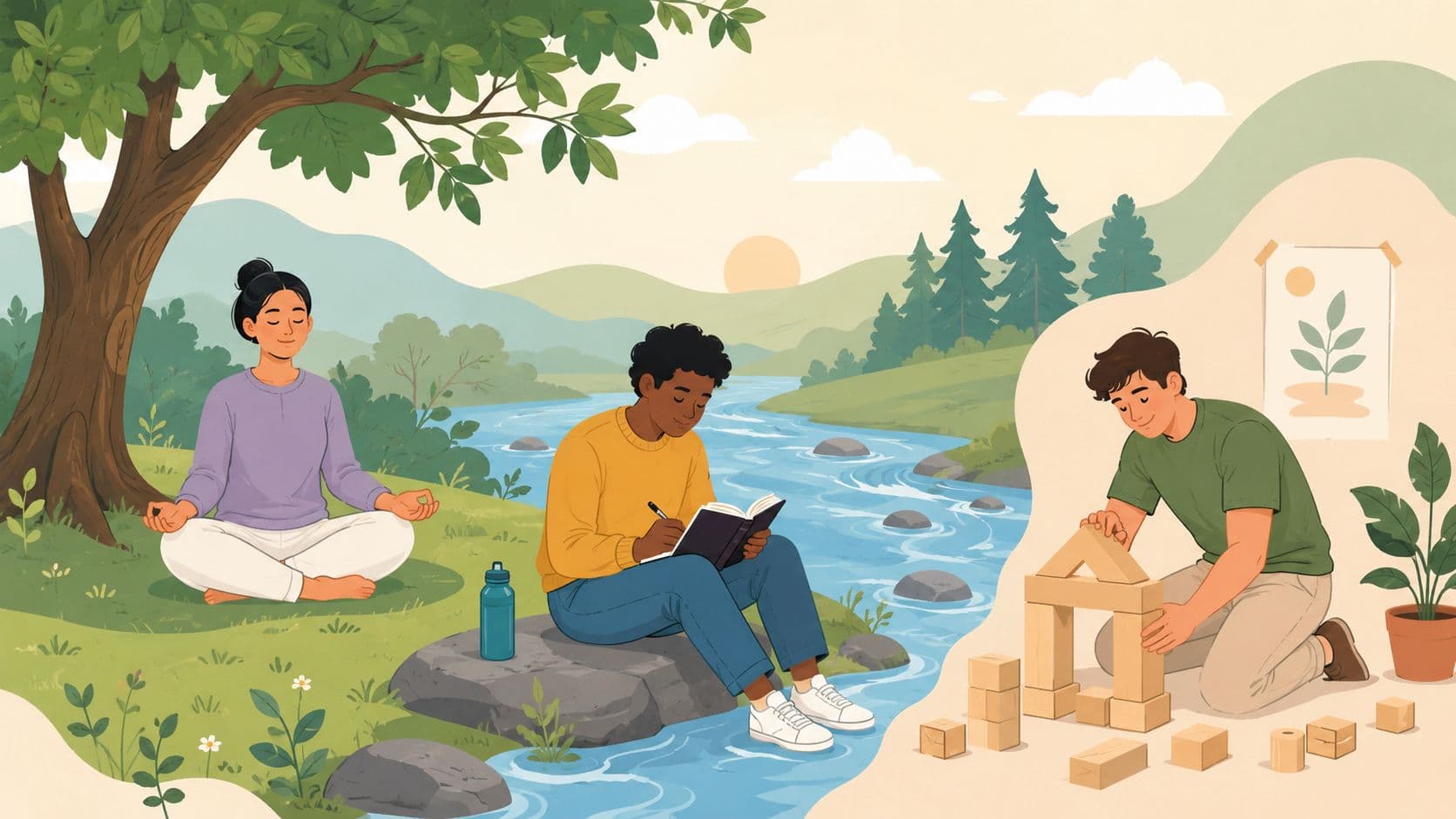 Three people engaging in different mindful activities like meditation, writing, and building blocks in nature.