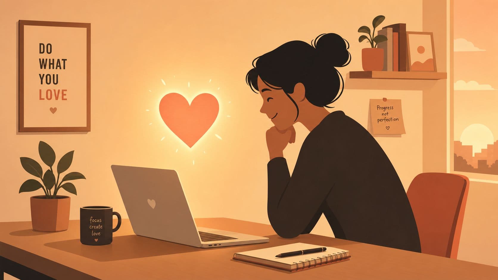 A happy woman working on a laptop at a desk with a glowing heart symbol above it.