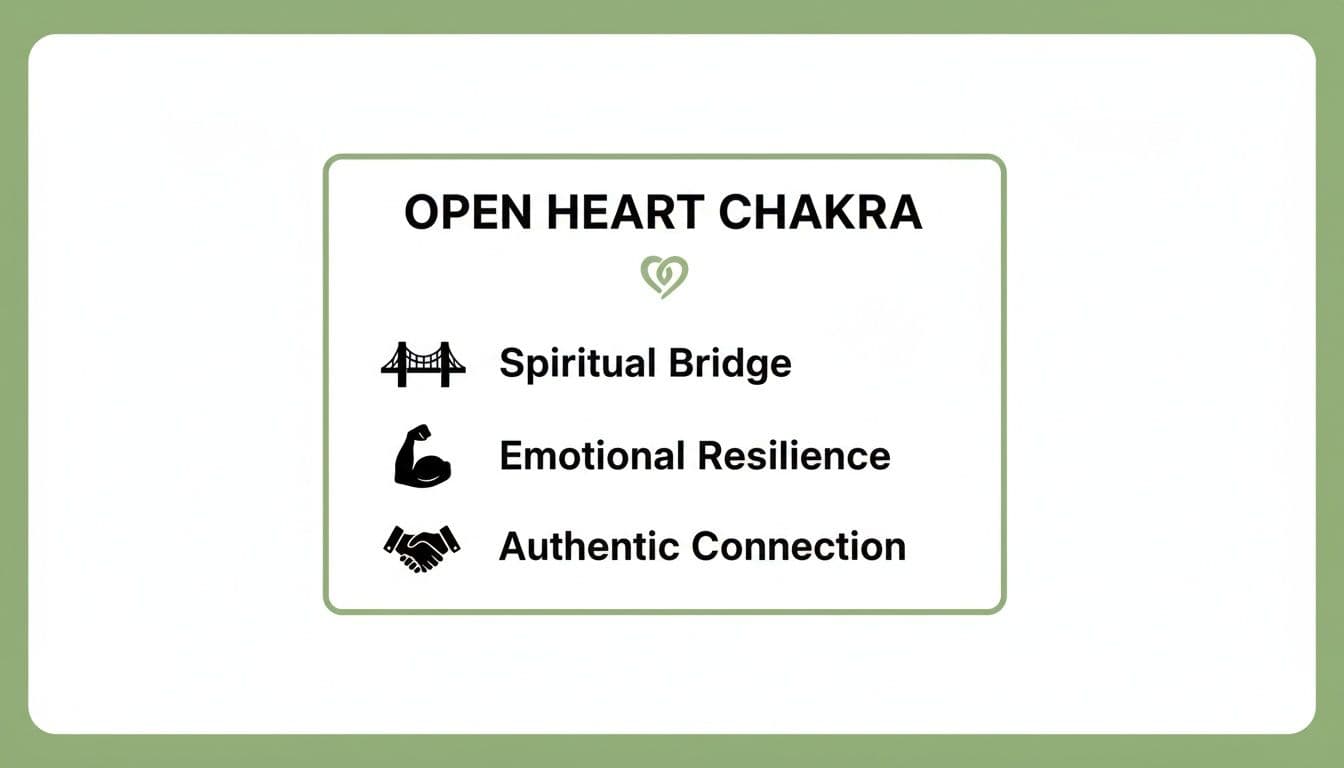 A graphic illustrating the benefits of an open heart chakra: spiritual bridge, emotional resilience, and authentic connection.