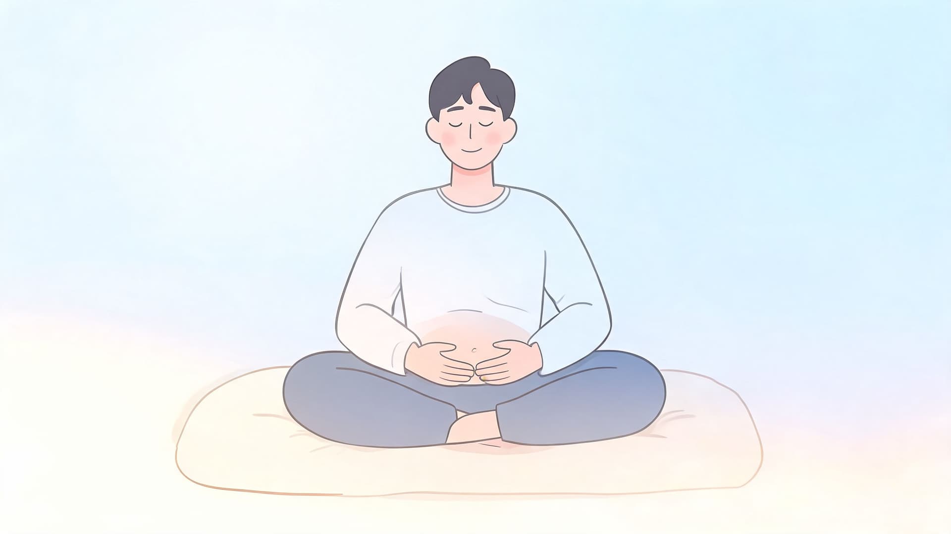 A person sitting in a meditative lotus position with hands resting gently on their lower abdomen.
