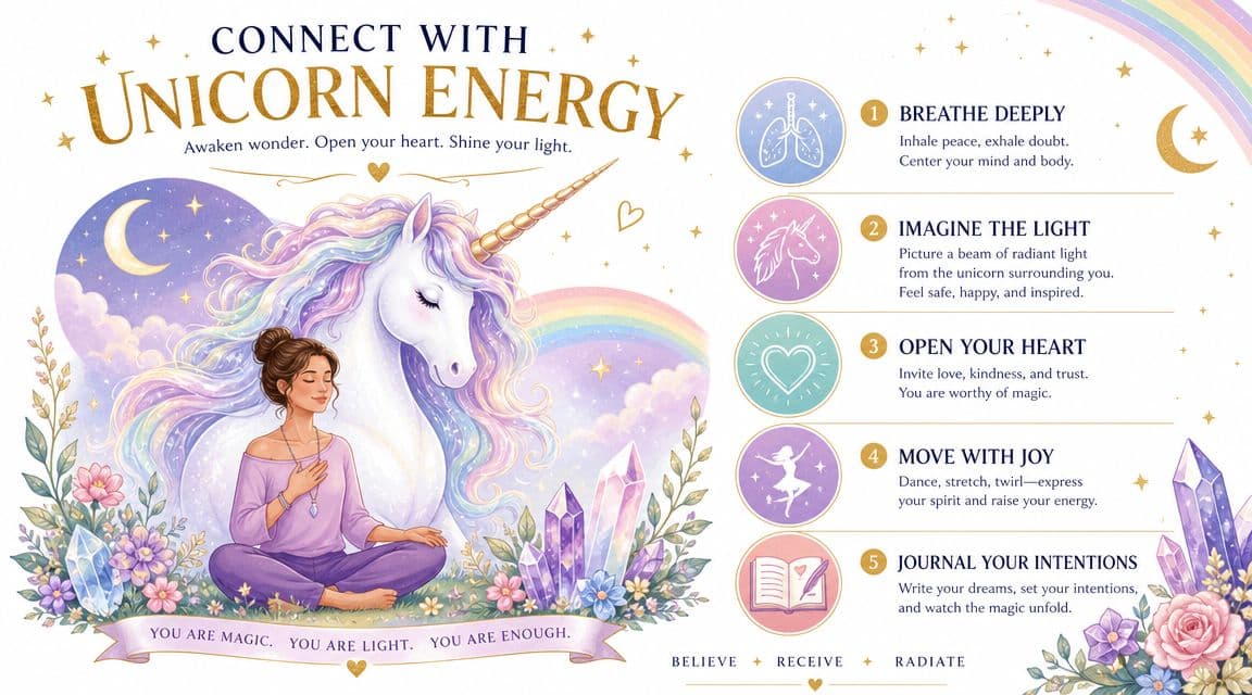 A woman meditating with a unicorn in a whimsical, colorful scene with five steps to connect with unicorn energy.