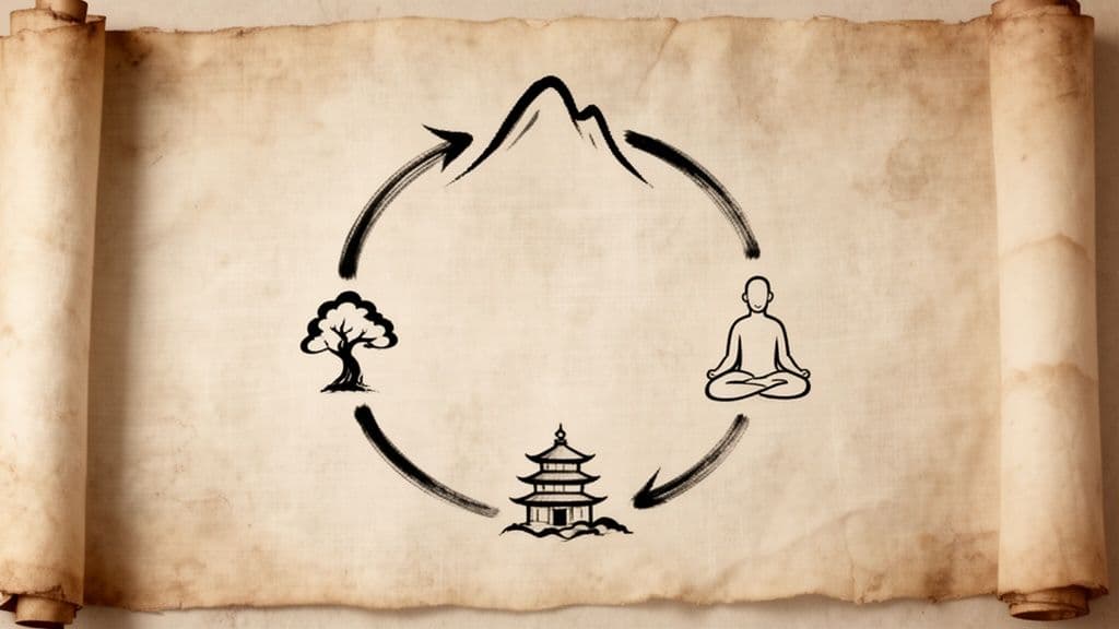A brushstroke drawing on a parchment scroll depicting a cycle of mountain, meditating person, pagoda, and tree.