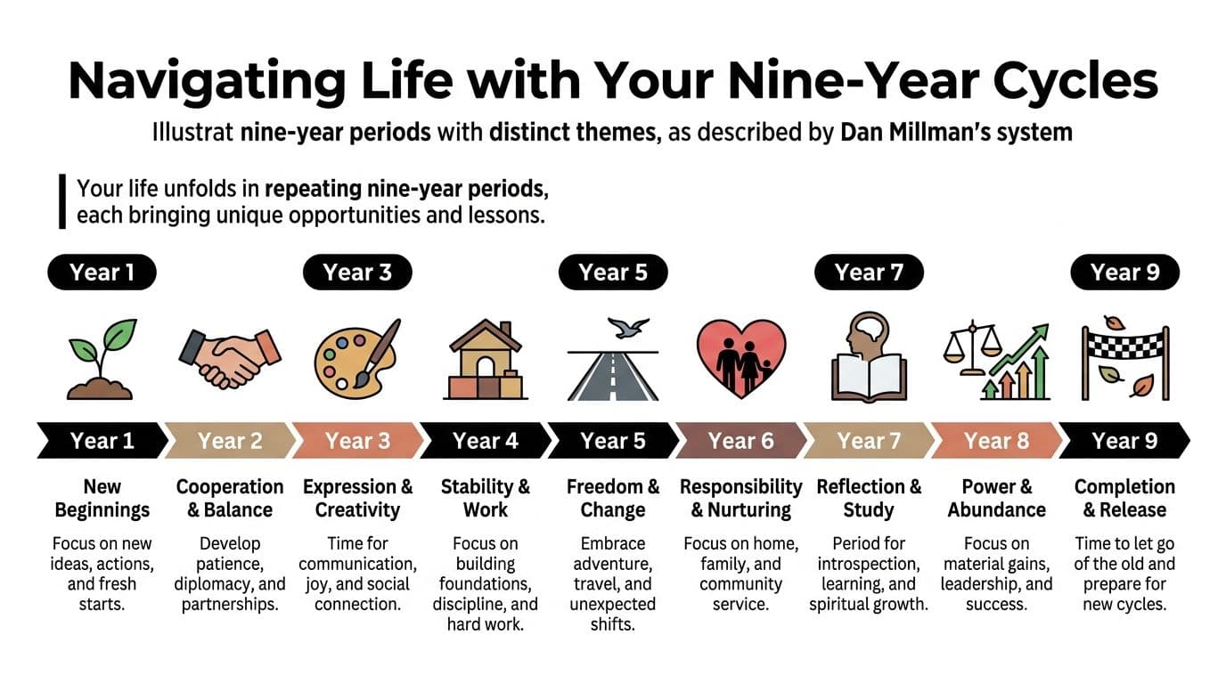 An infographic showing the nine-year cycle system by Dan Millman with themes for each individual year.