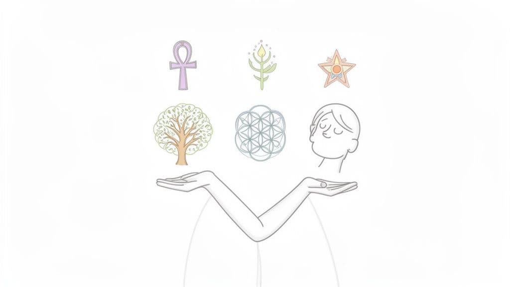 Hands balancing various symbols of life, nature, and spirituality, including an Ankh and Tree of Life.