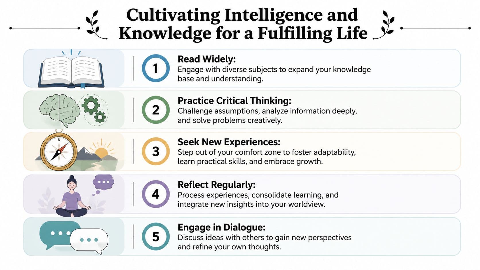 An infographic titled Cultivating Intelligence and Knowledge for a Fulfilling Life with five numbered steps for personal growth.