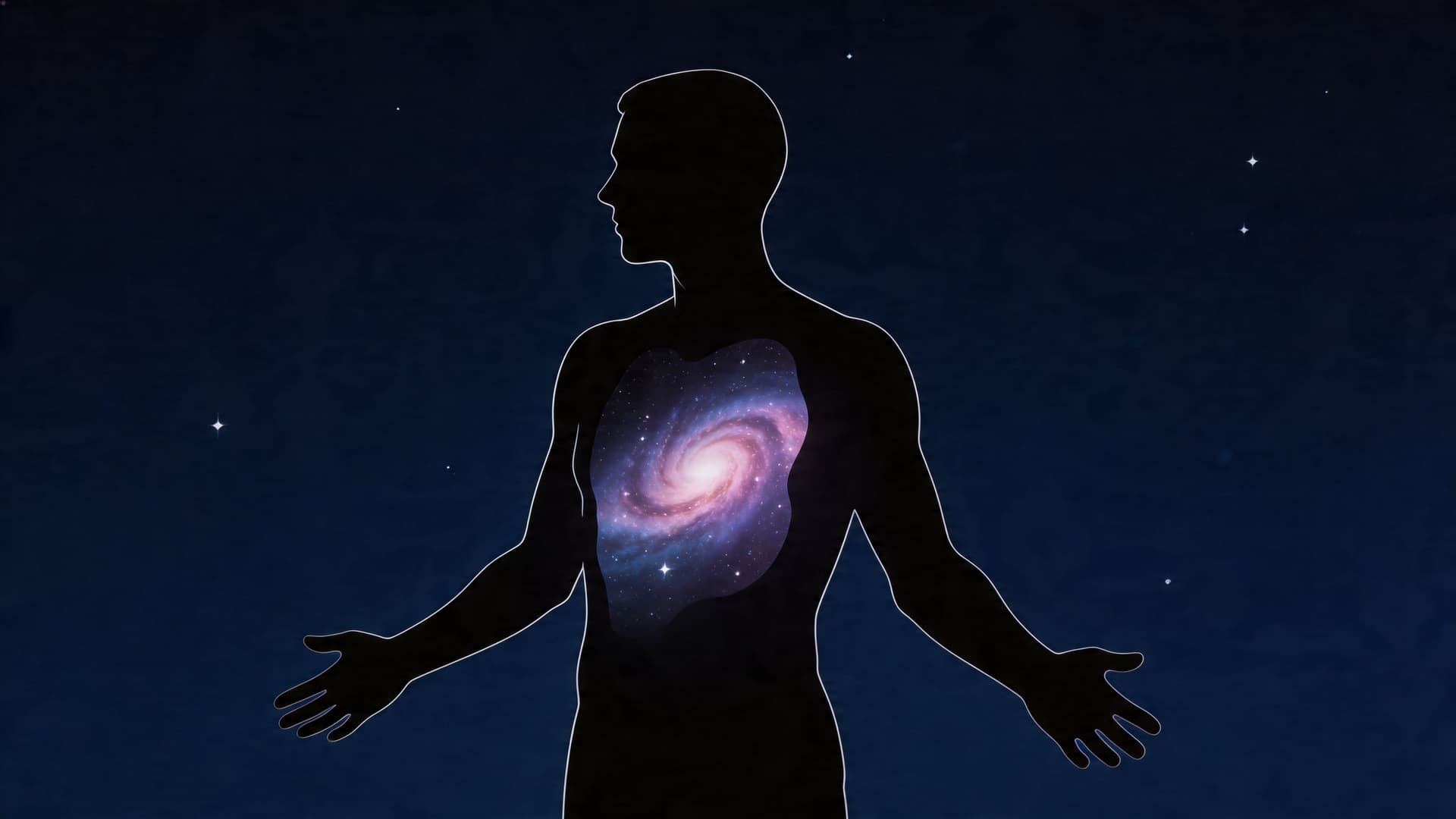 A silhouette of a human torso containing a glowing spiral galaxy against a deep blue starry sky.