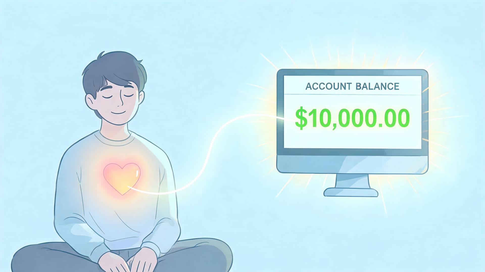 A meditative person connecting their heart to a screen displaying a ten thousand dollar account balance.