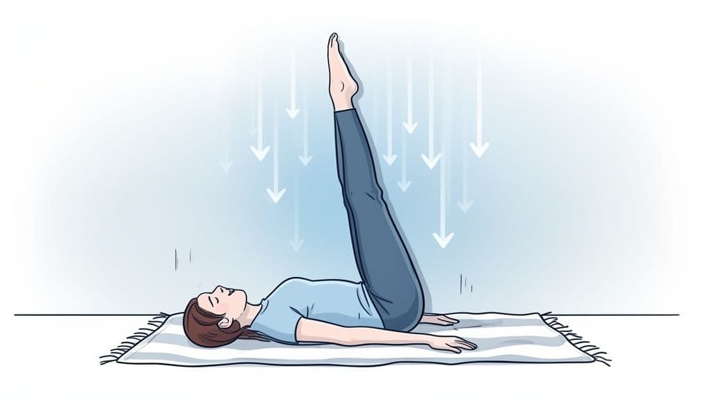 Woman lying on back on a mat with legs raised vertically, performing a cooling yoga pose.