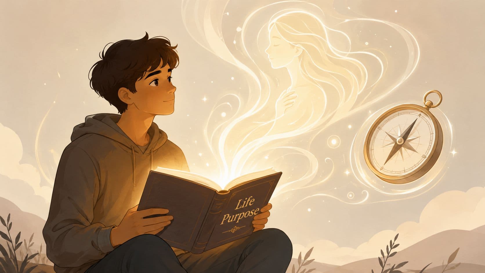A boy reading a glowing Life Purpose book with an ethereal spirit and floating compass nearby.