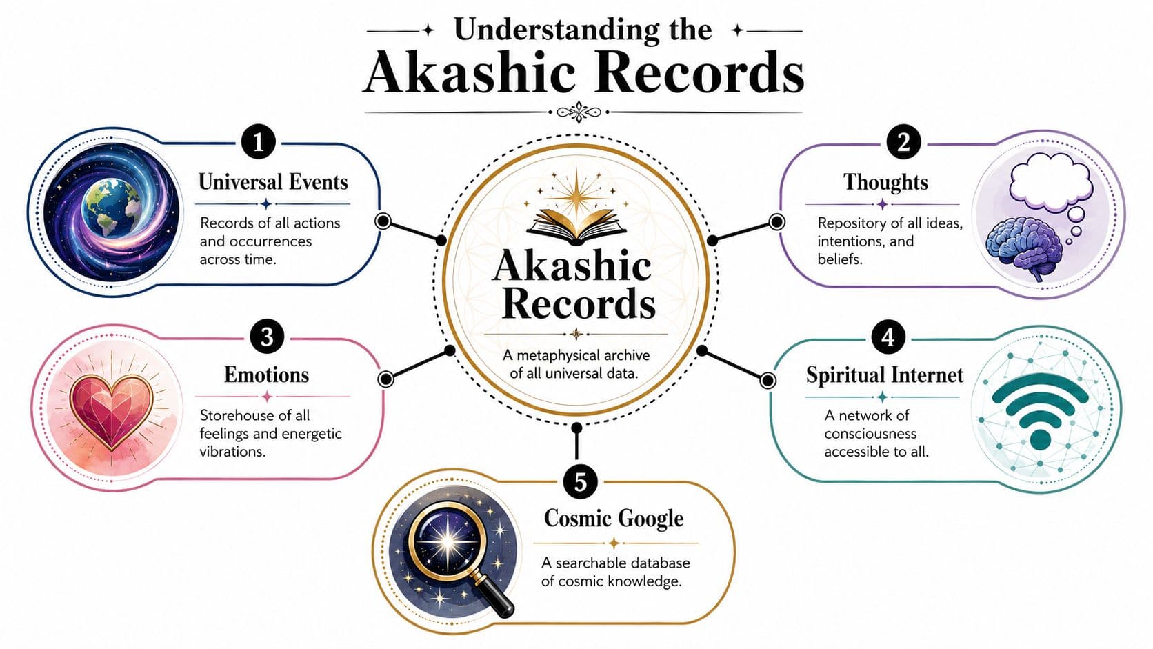 A diagram infographic explaining the concept of Akashic Records, including universal events, thoughts, emotions, and cosmic knowledge.
