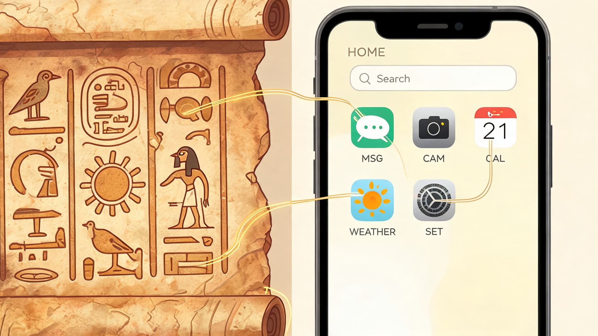 A conceptual illustration linking ancient Egyptian hieroglyphics on a scroll to modern smartphone app icons.