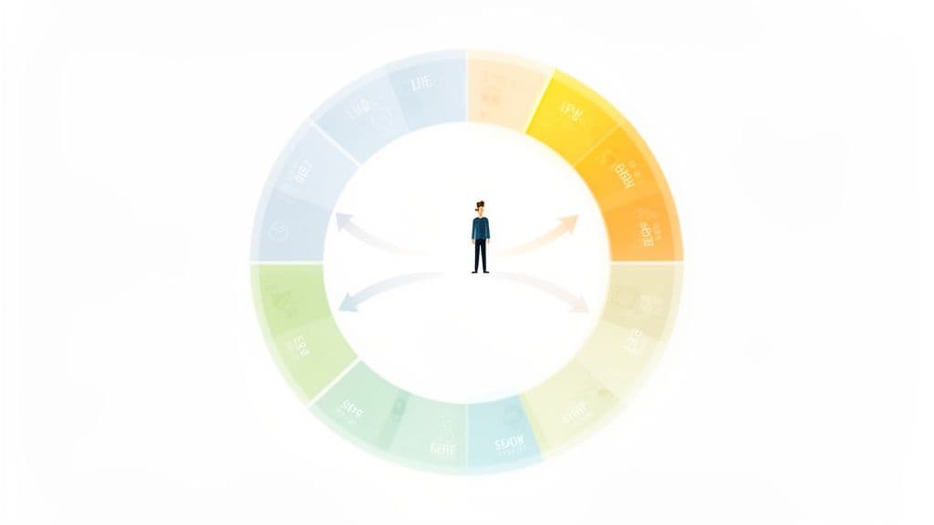 A person standing in the center of a circular diagram containing various icons and conceptual categories.