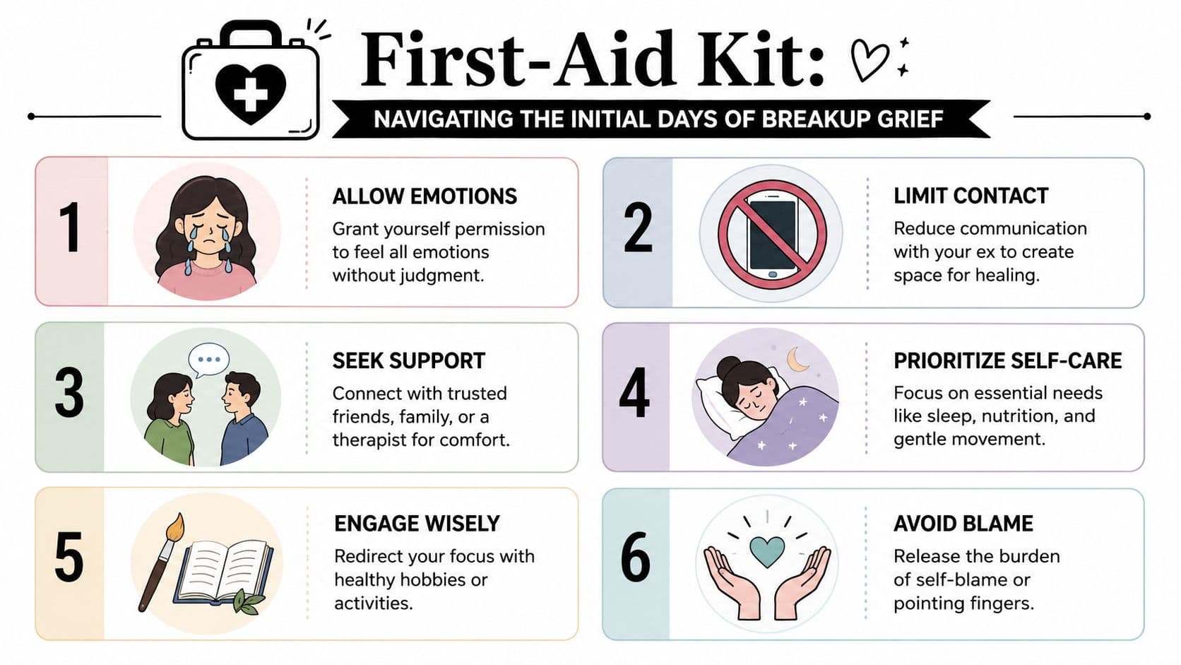 A six-step guide illustrated with icons to help individuals cope with the initial days of breakup grief.