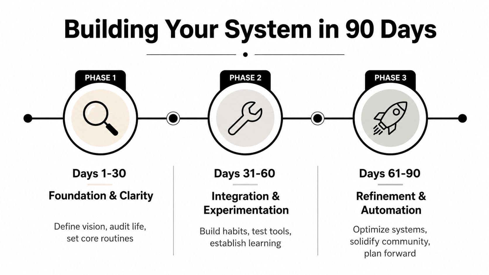 A 90-day personal development plan diagram showing three phases: foundation, integration, and refinement.