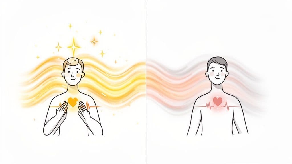An illustration contrasting a vibrant man with a glowing heart and golden energy with a muted man with a faint heart.