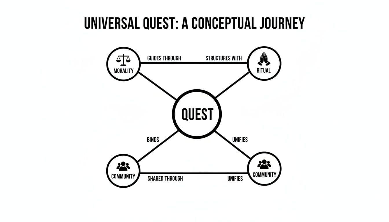 A conceptual diagram showing 'QUEST' at the center, connected to Morality, Ritual, and two Communities.