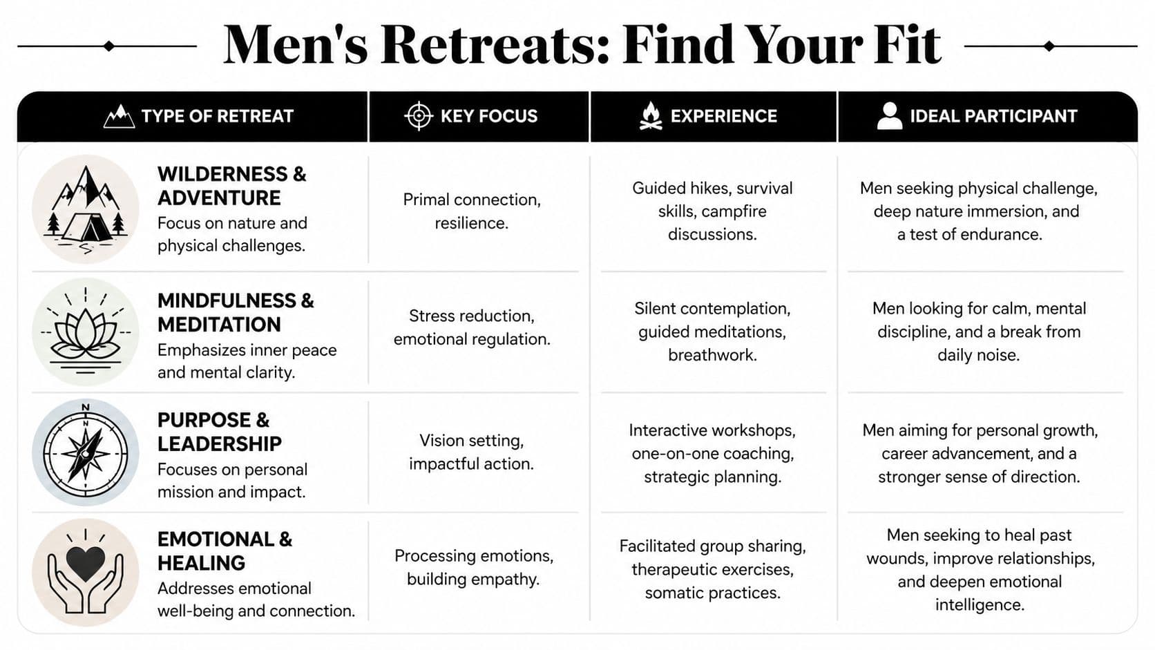 A chart outlining four types of men's retreats with key focus, experience, and ideal participant categories.