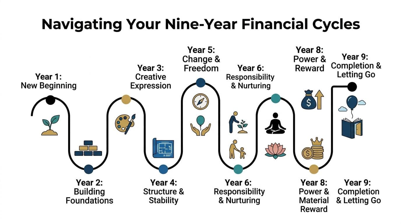A diagram illustrating the nine-year financial cycle featuring phases from new beginnings to completion and letting go.