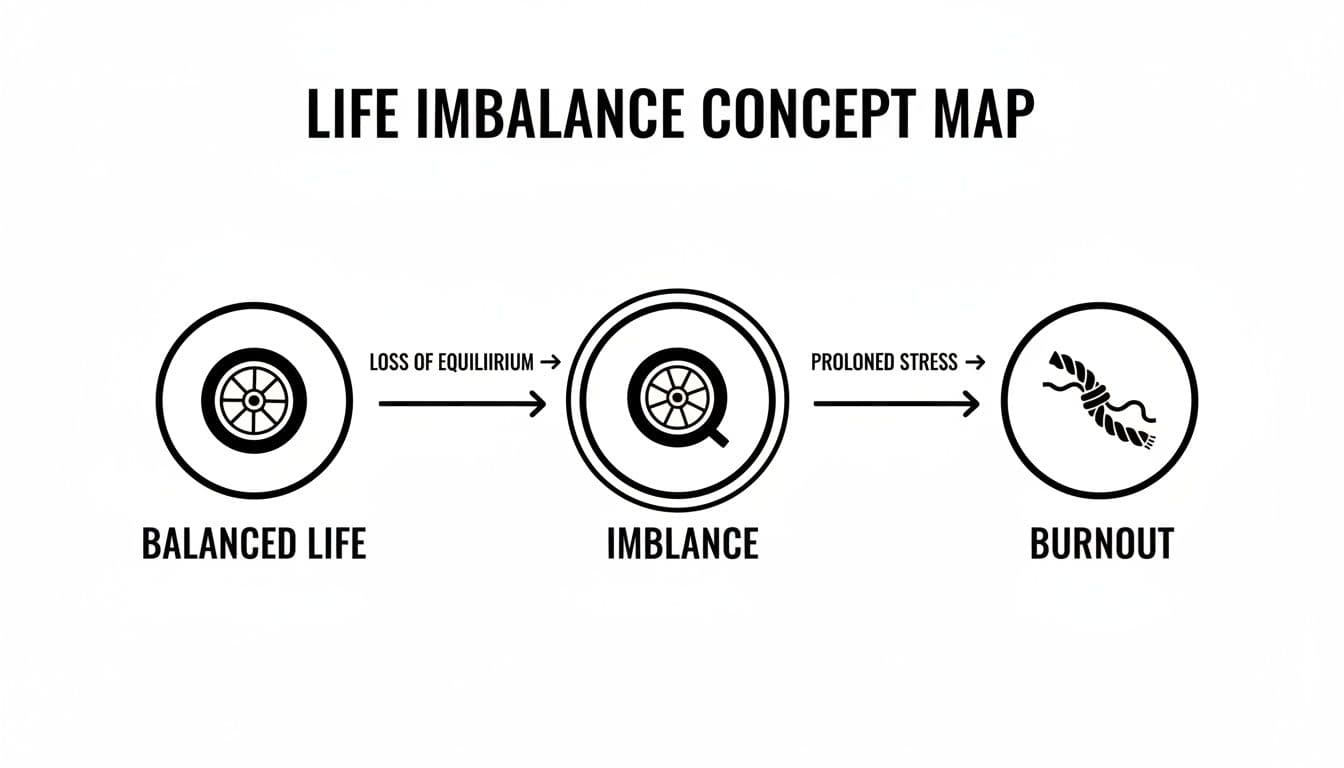 A concept map illustrating the progression from a balanced life to imbalance and ultimately burnout.