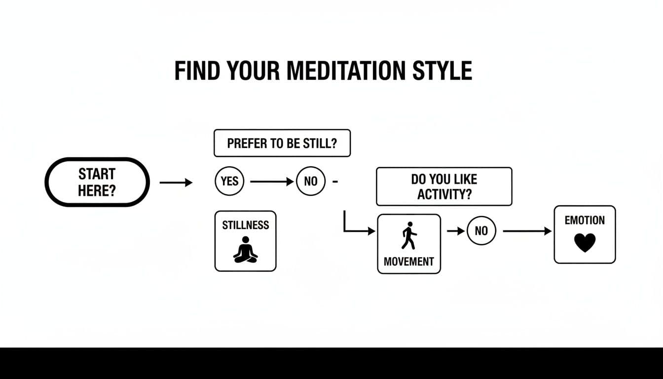 Flowchart guiding users to find their meditation style based on preferences for stillness, movement, or emotion.