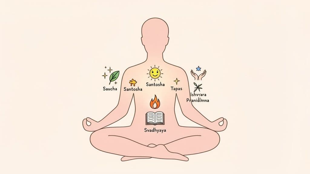 Illustration of a person meditating in lotus pose, surrounded by the five Niyamas of Yoga.