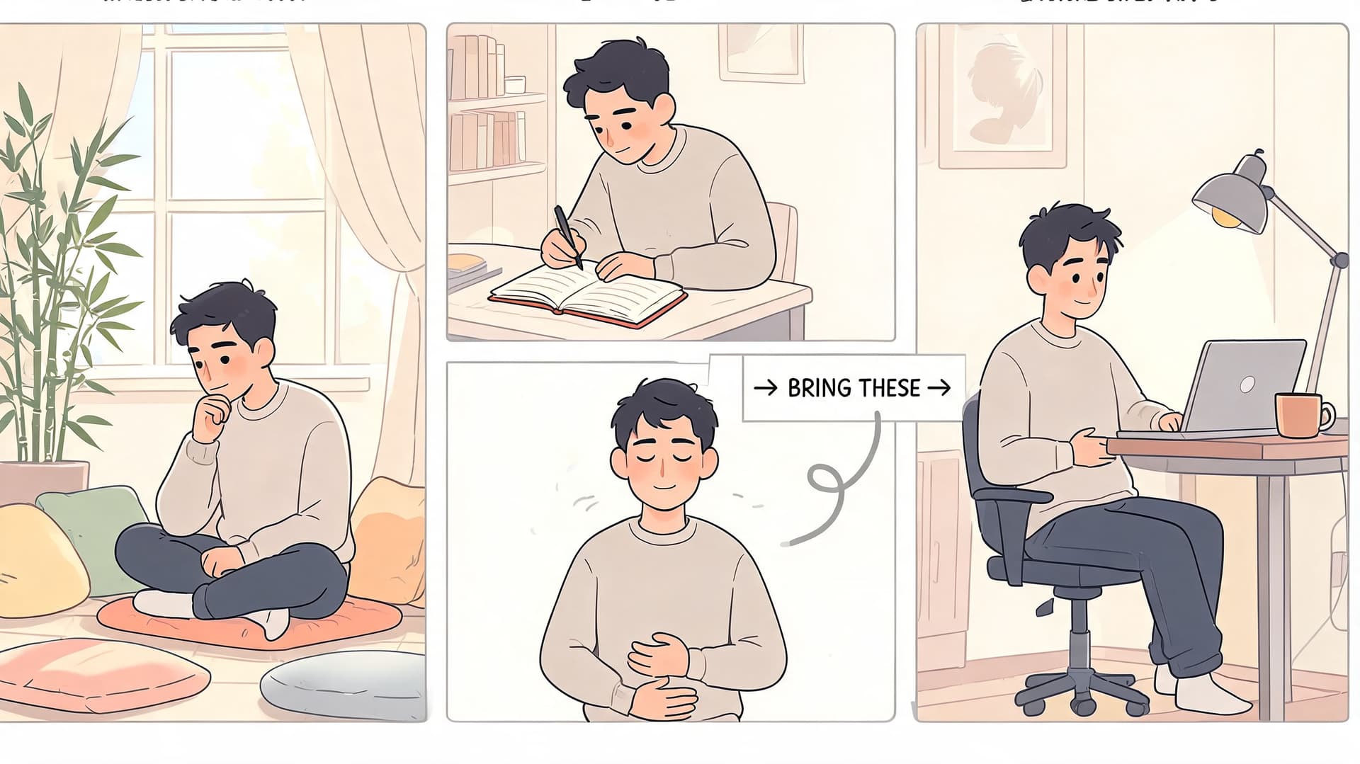 A man transitioning from meditation and reflection to focused work at his computer in a calm study space.