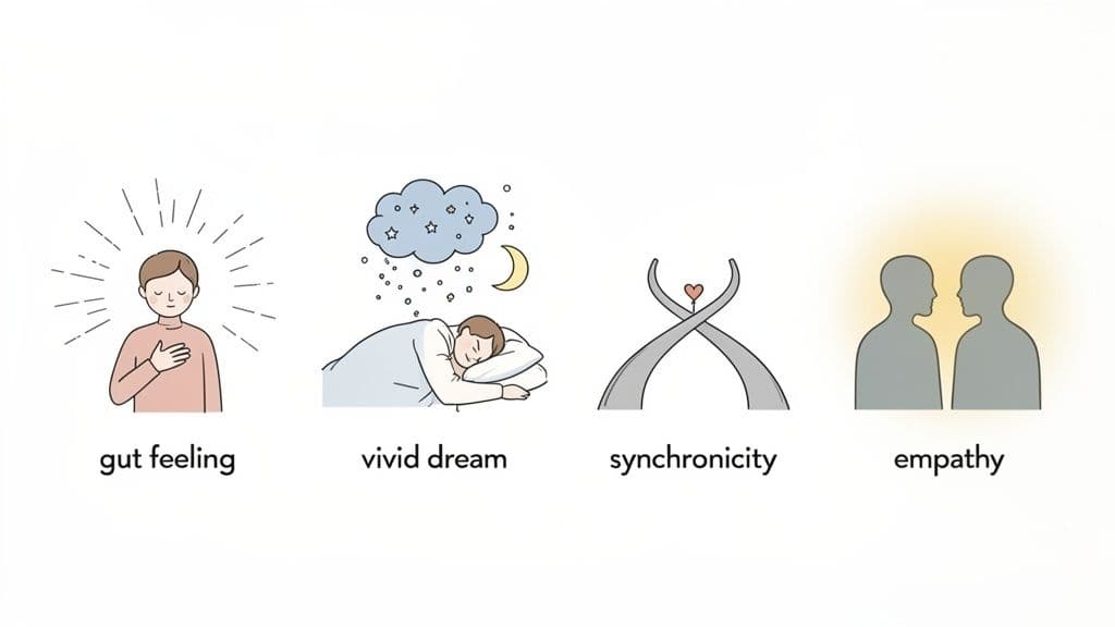 Illustrations of gut feeling, vivid dream, synchronicity, and empathy, representing psychic phenomena.