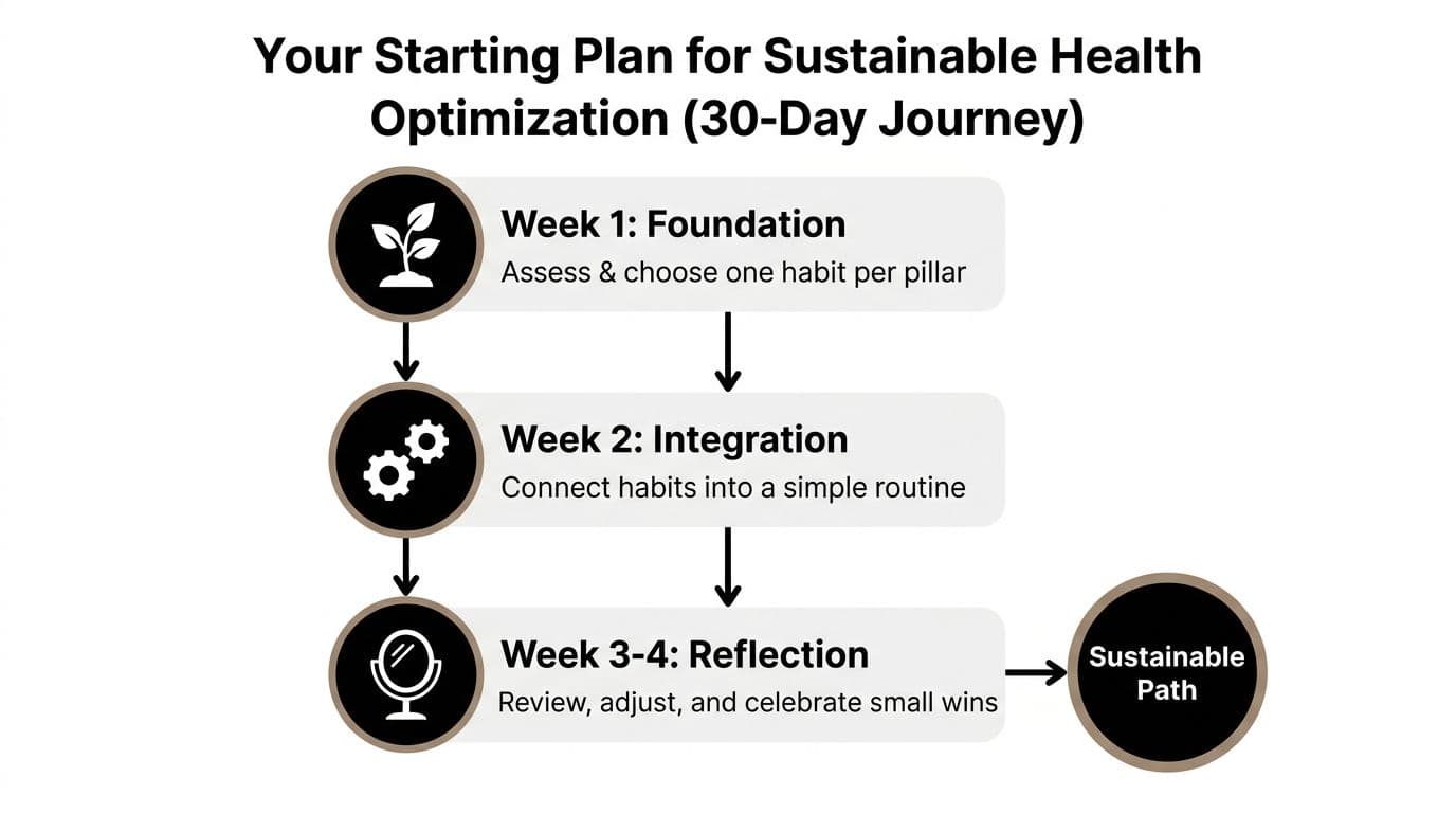 A 30-day health optimization plan diagram illustrating three weekly phases for developing sustainable wellness habits.