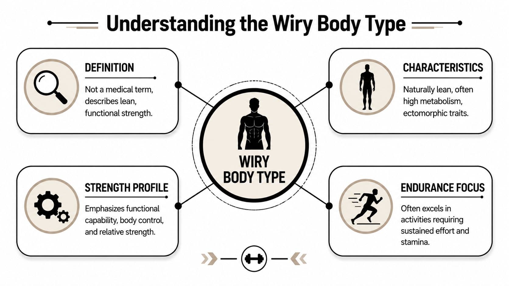 An infographic titled Understanding the Wiry Body Type showing characteristics like lean build, metabolism, and functional strength.