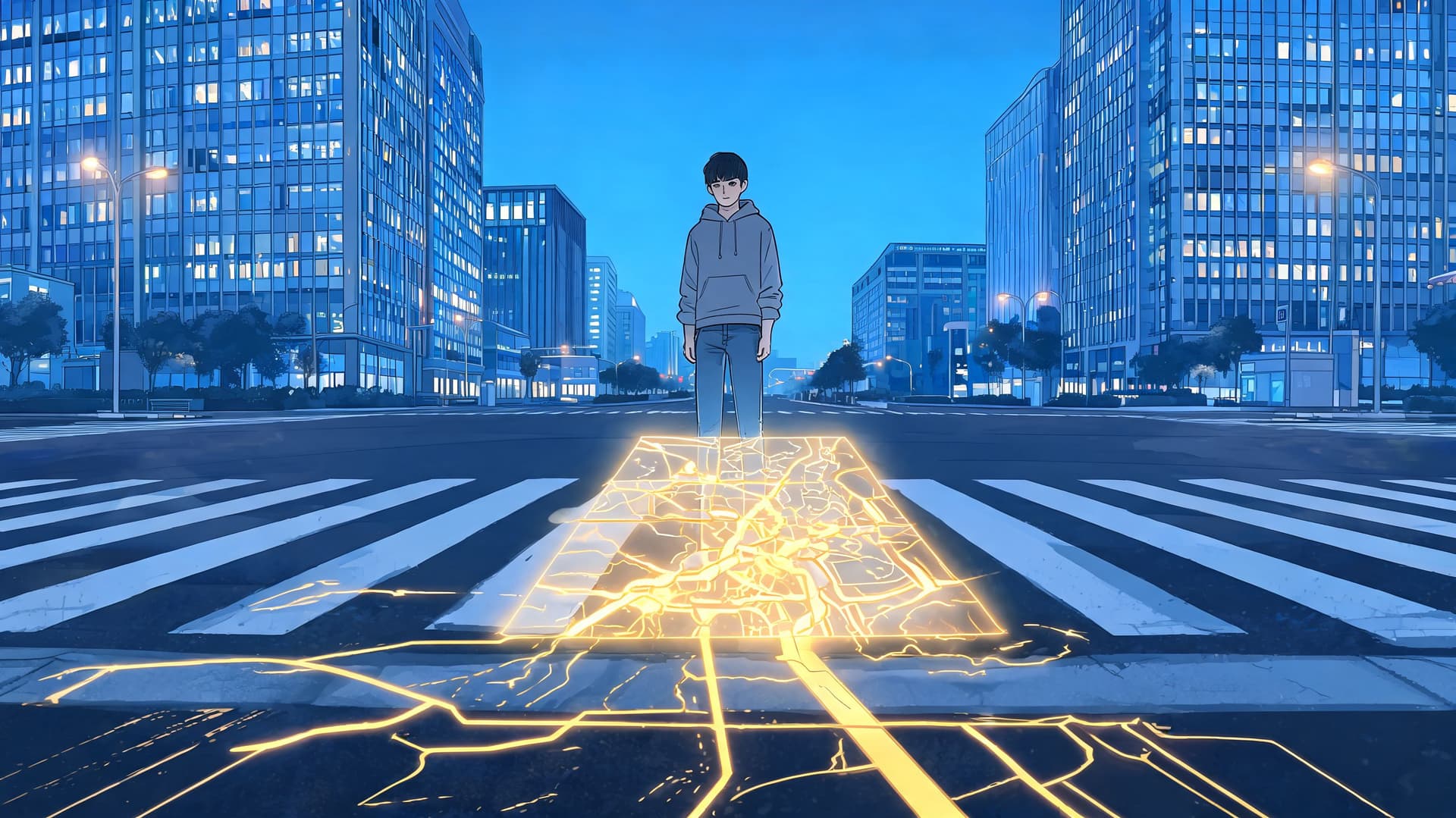 A lone boy stands on a city crosswalk illuminated by a glowing golden map of city streets.
