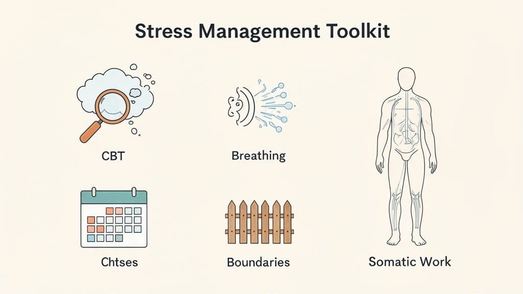 An infographic showing a stress management toolkit with icons for CBT, breathing, calendar, boundaries, and somatic work.