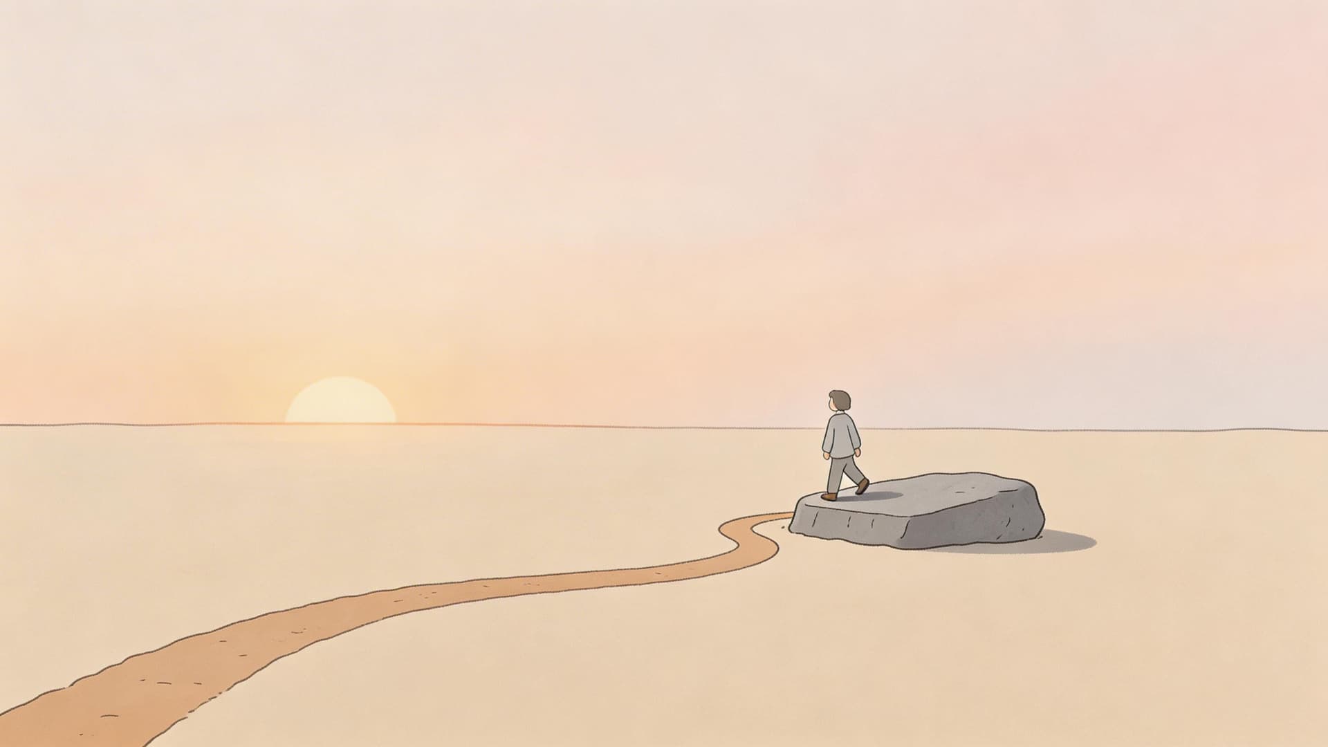 A lone person stands on a large rock in a vast desert landscape during sunset.