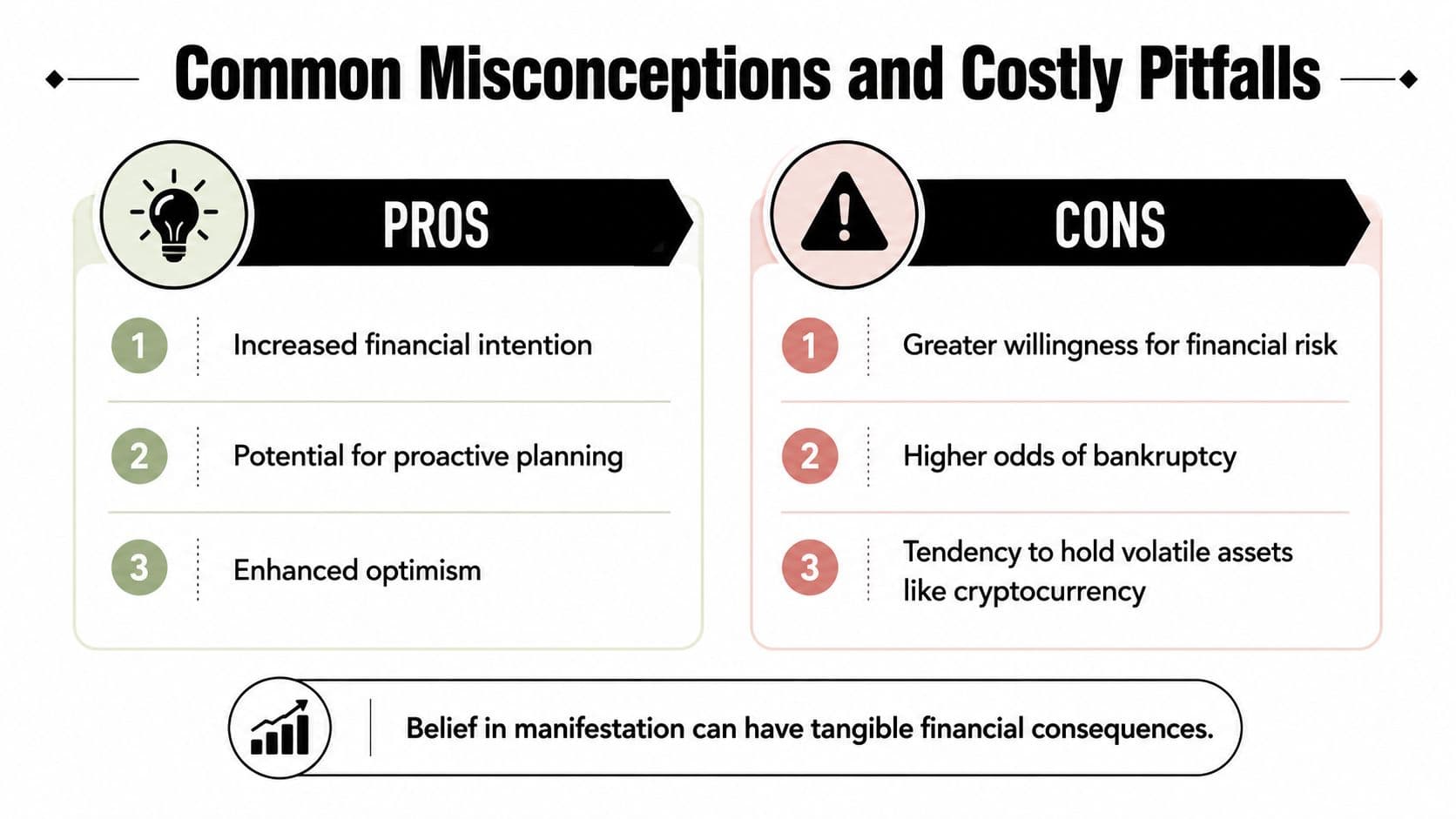 An infographic titled Common Misconceptions and Costly Pitfalls outlining the pros and cons of belief in manifestation.