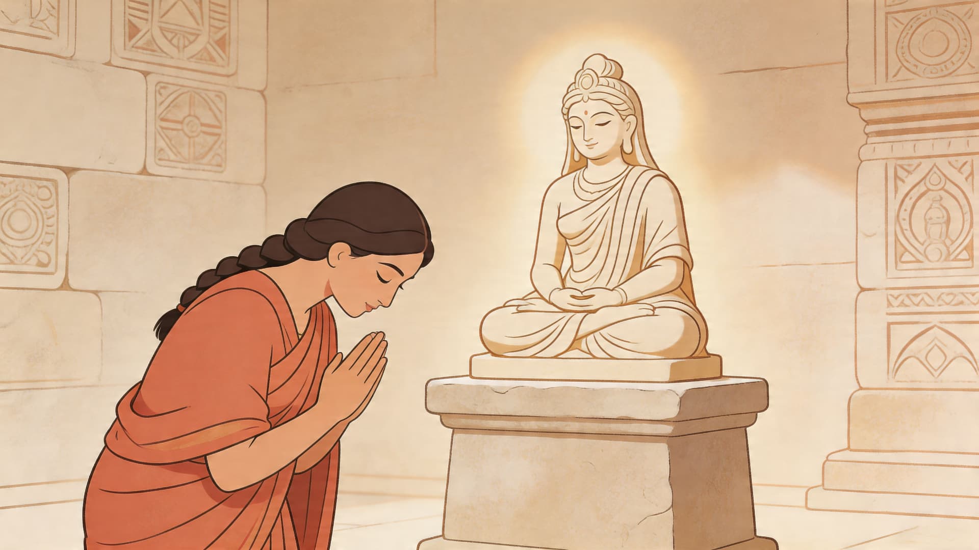 A woman dressed in a traditional orange sari bowing in prayer before a glowing Buddha statue.