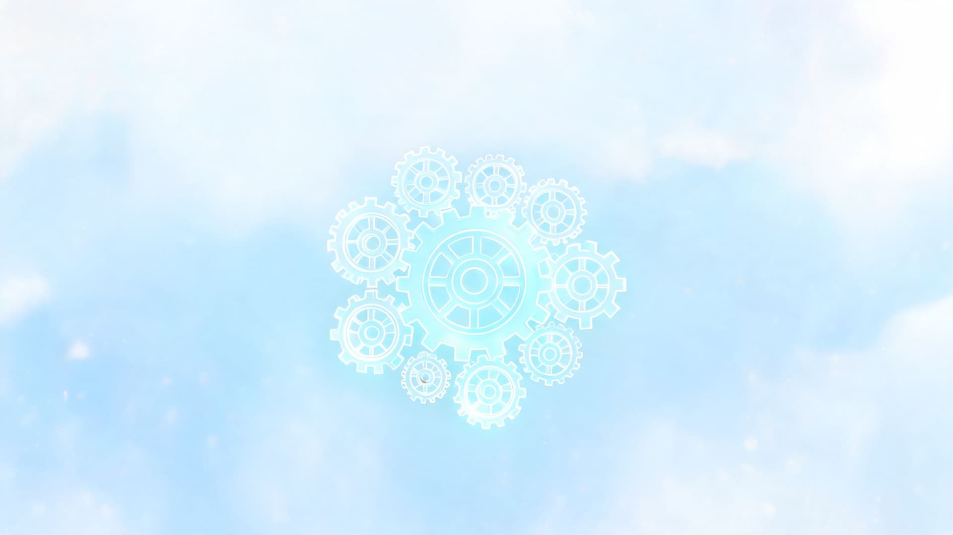 A digital graphic of interconnected white gears floating against a soft, light blue cloudy sky background.