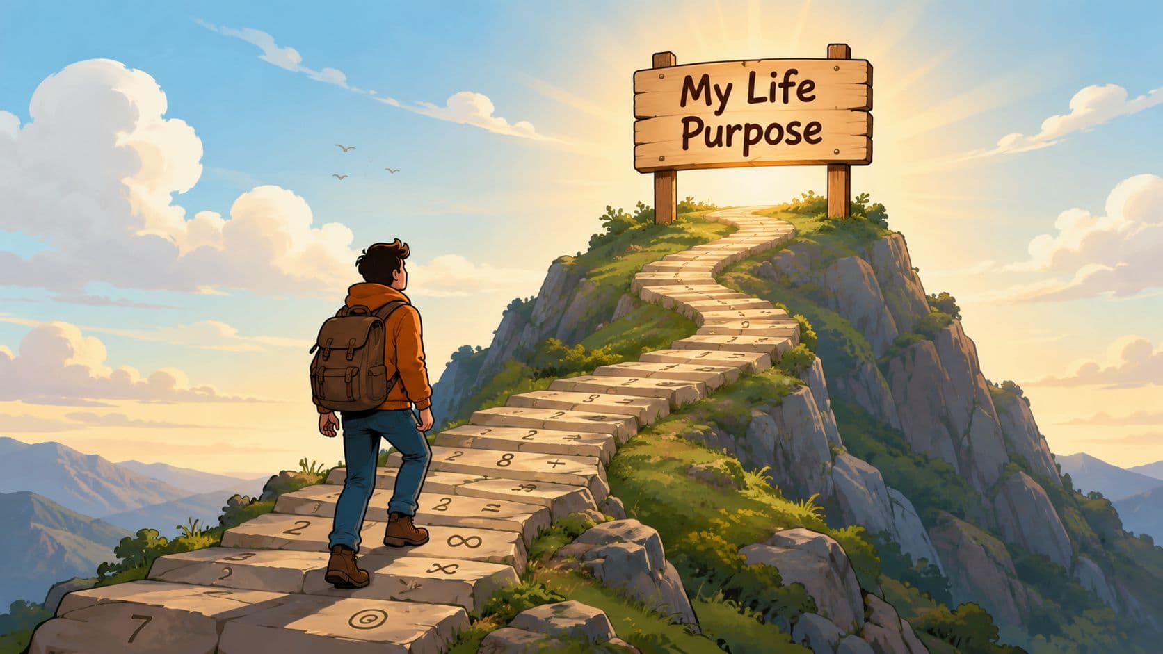 A traveler walking up a stone staircase marked with numbers toward a sign reading My Life Purpose.