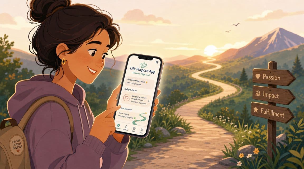 A woman holding a smartphone displaying a life purpose app with a serene mountain path in the background.
