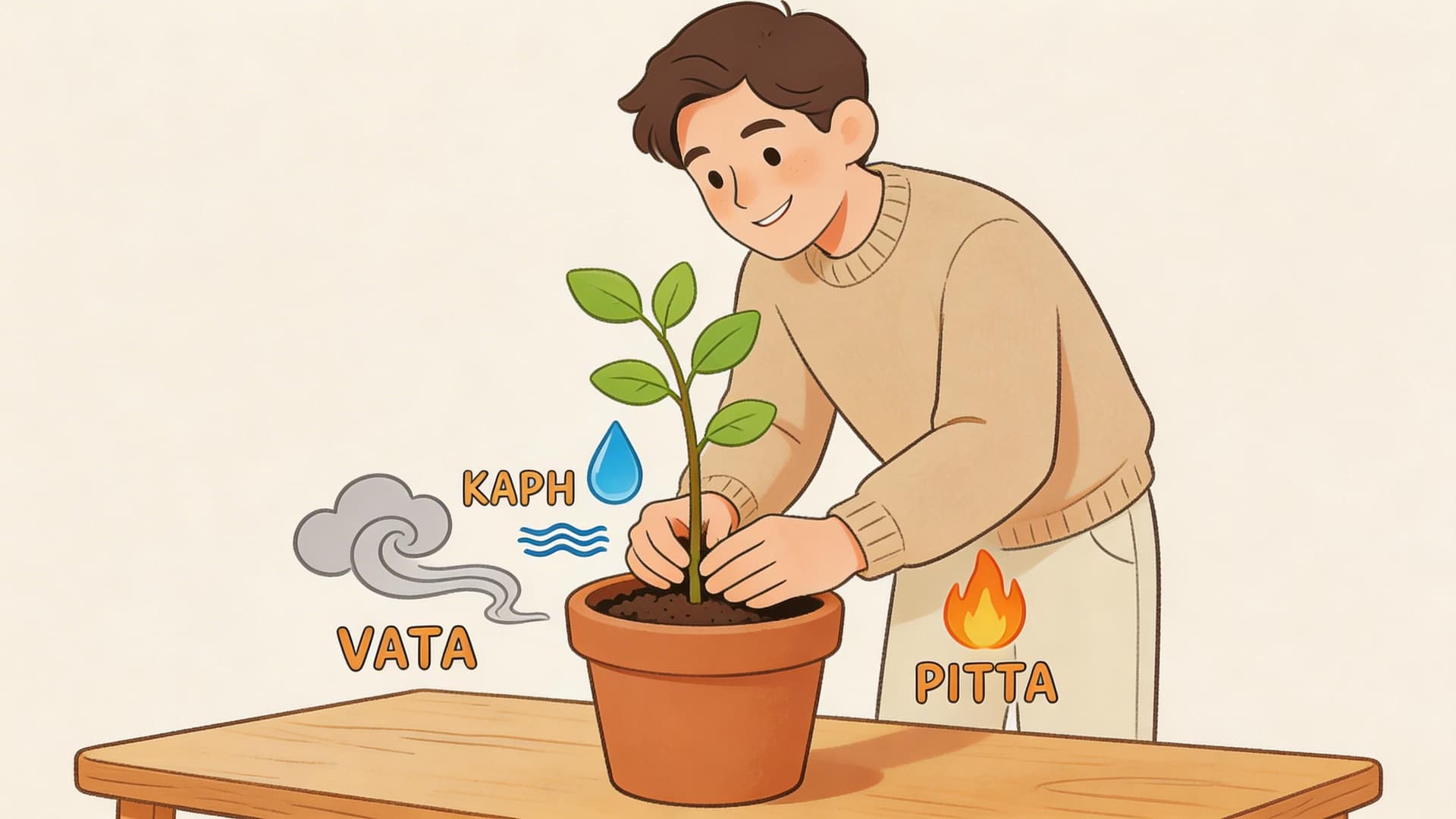 A young man caring for a plant in a pot with Ayurvedic dosha elements representing Vata, Kapha, and Pitta.