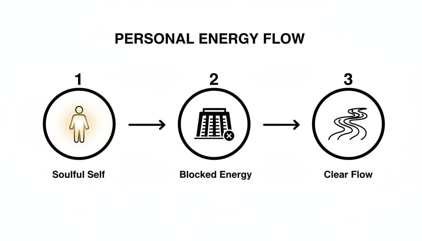 Diagram illustrating personal energy flow from soulful self to clear flow, overcoming blocked energy.