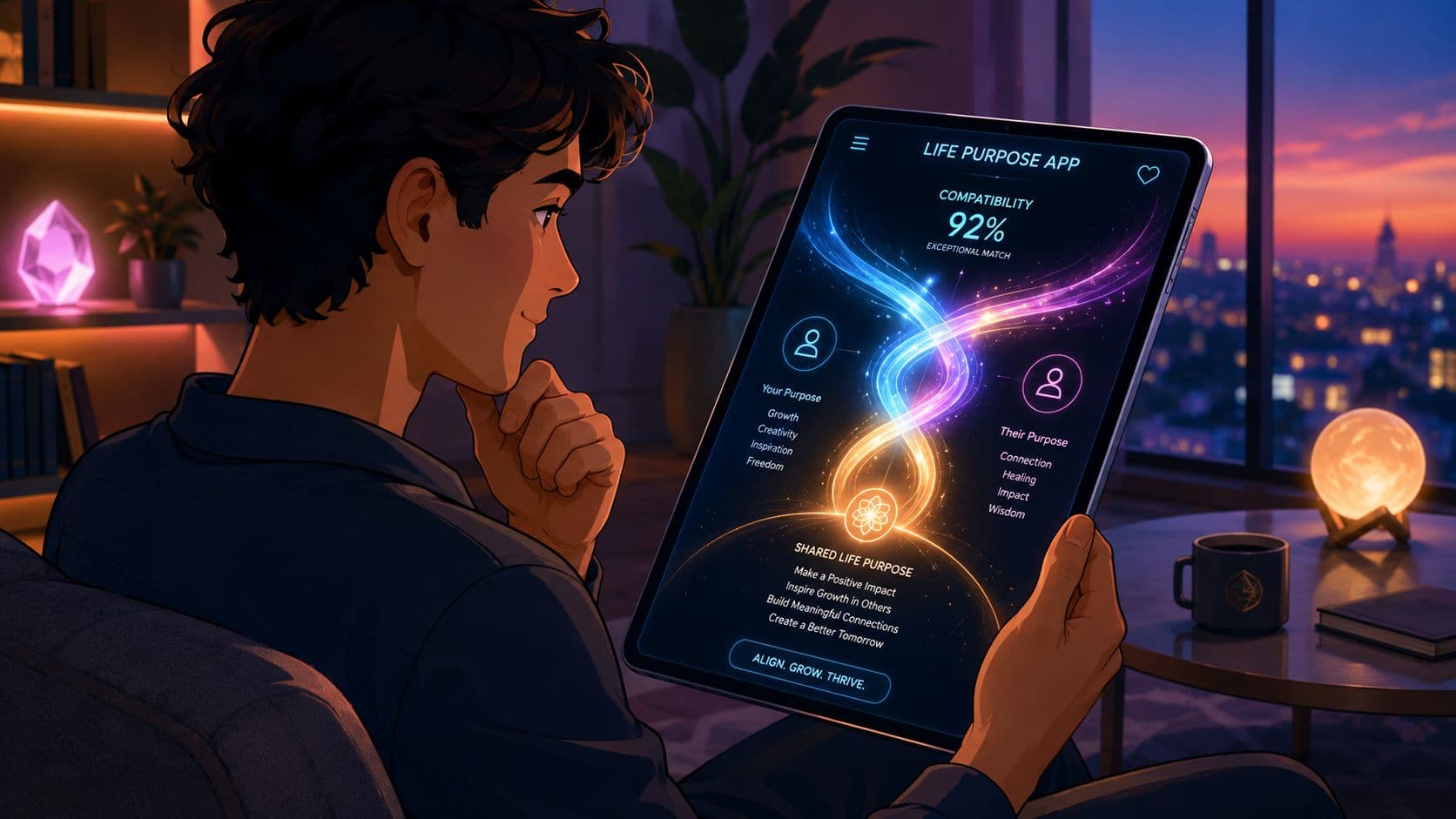 A young man looking at a digital tablet displaying a life purpose and compatibility app interface.