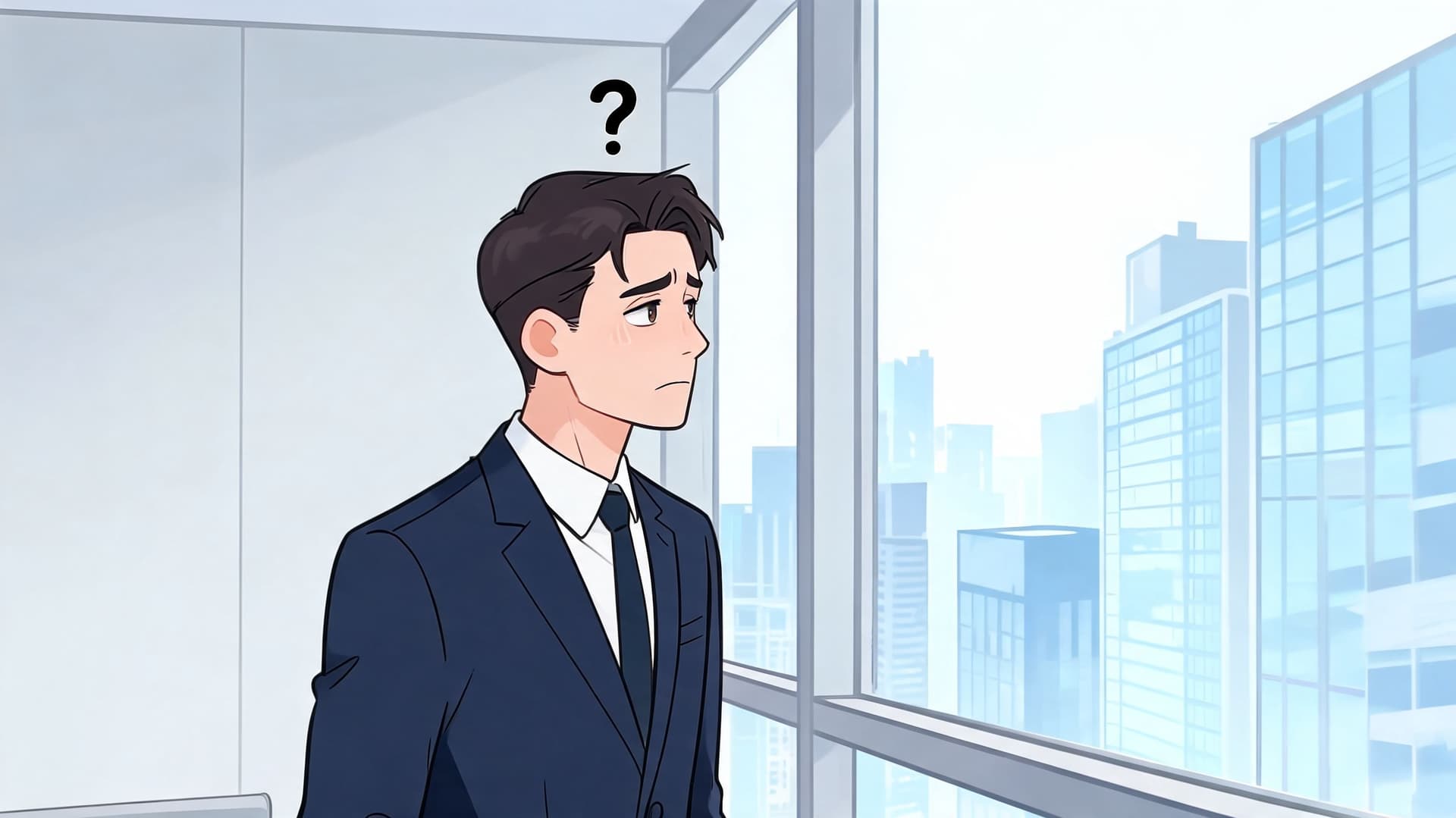 A perplexed young man in a business suit looking out of an office window with a question mark.