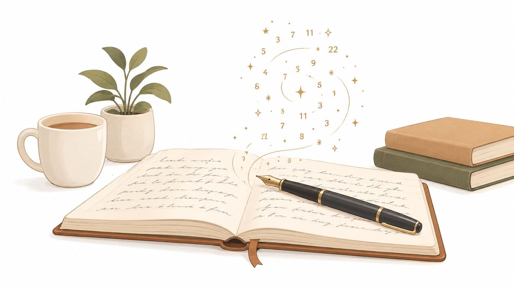 An open notebook with a fountain pen, a coffee mug, and a potted plant on a desk.