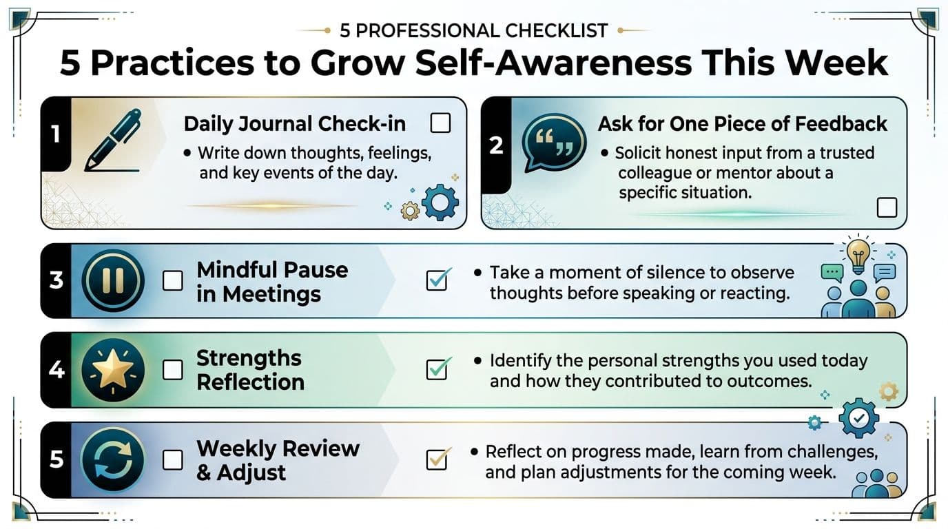 A professional checklist infographic detailing five practical steps to grow self-awareness for personal and career development.