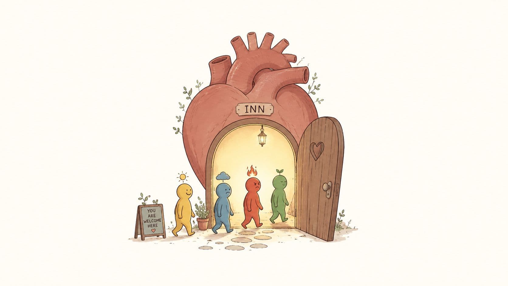 An illustration of a heart-shaped inn welcoming various colorful emotions inside, including happiness, sadness, anger, and growth.