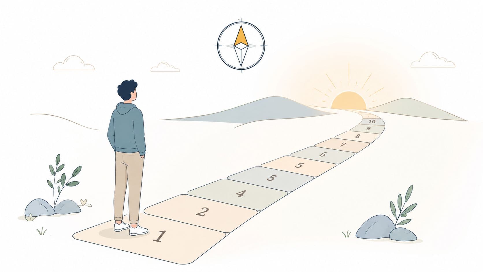 A person standing on a numbered path leading toward a rising sun with a compass overhead.