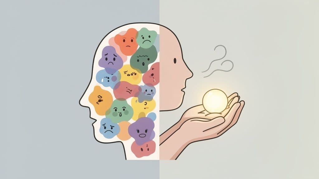 An illustration of a mind filled with diverse emotions on one side, transitioning to hands holding a bright, glowing orb.