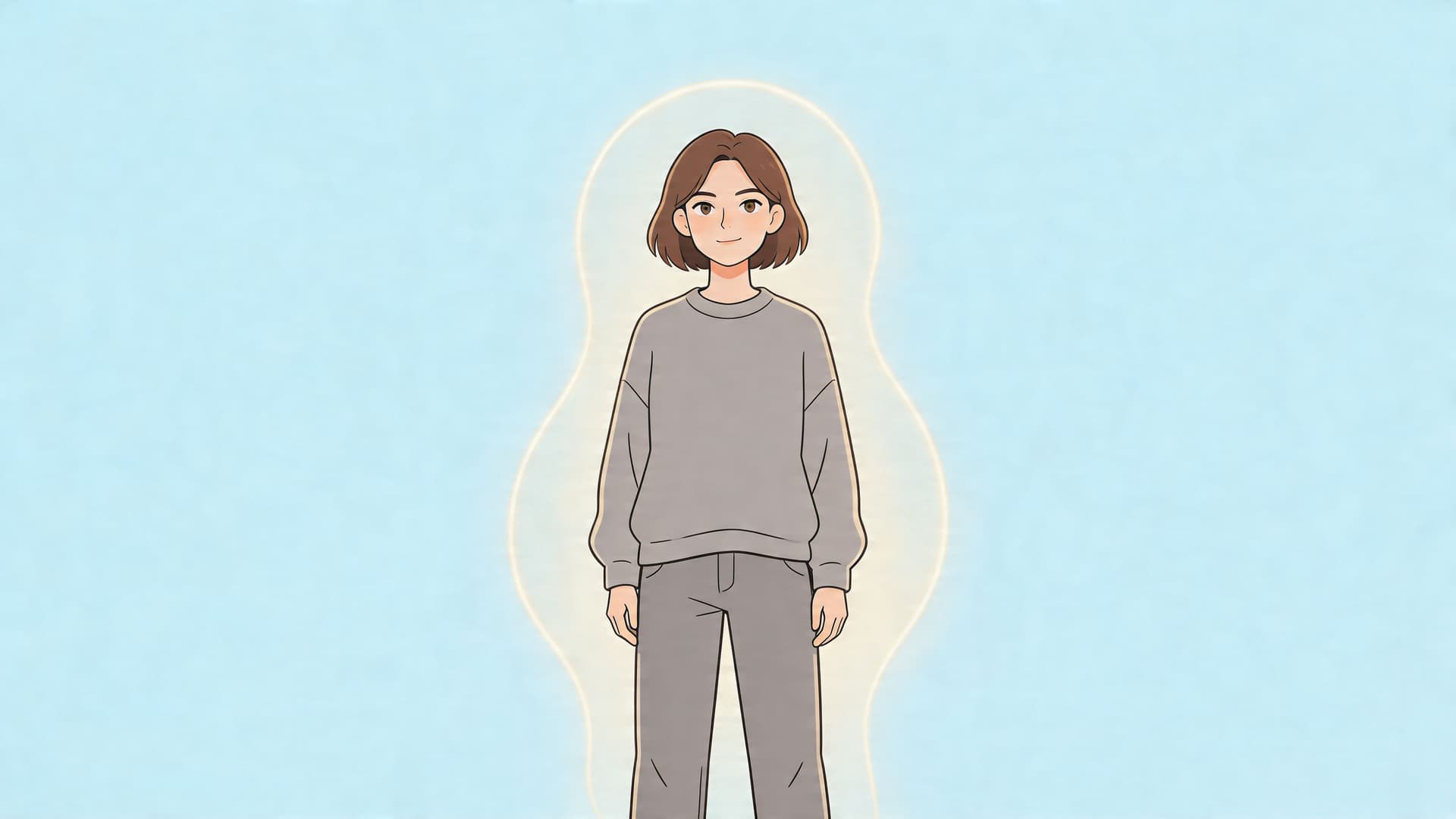 A digital illustration of a young woman with a soft glowing aura around her body.
