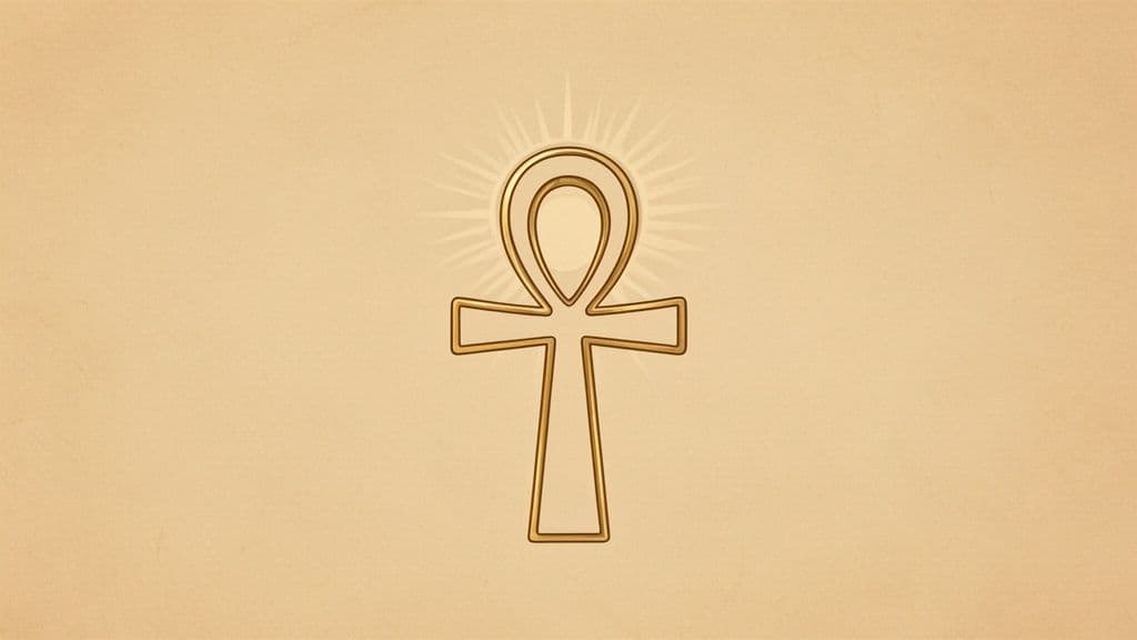 A radiant golden Ankh symbol, an ancient Egyptian hieroglyph representing life, on a textured background.