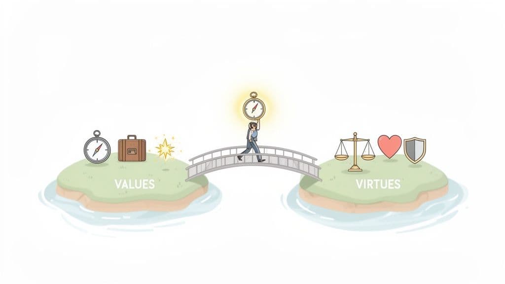 A person crosses a bridge connecting islands labeled 'VALUES' and 'VIRTUES', guided by a glowing compass.
